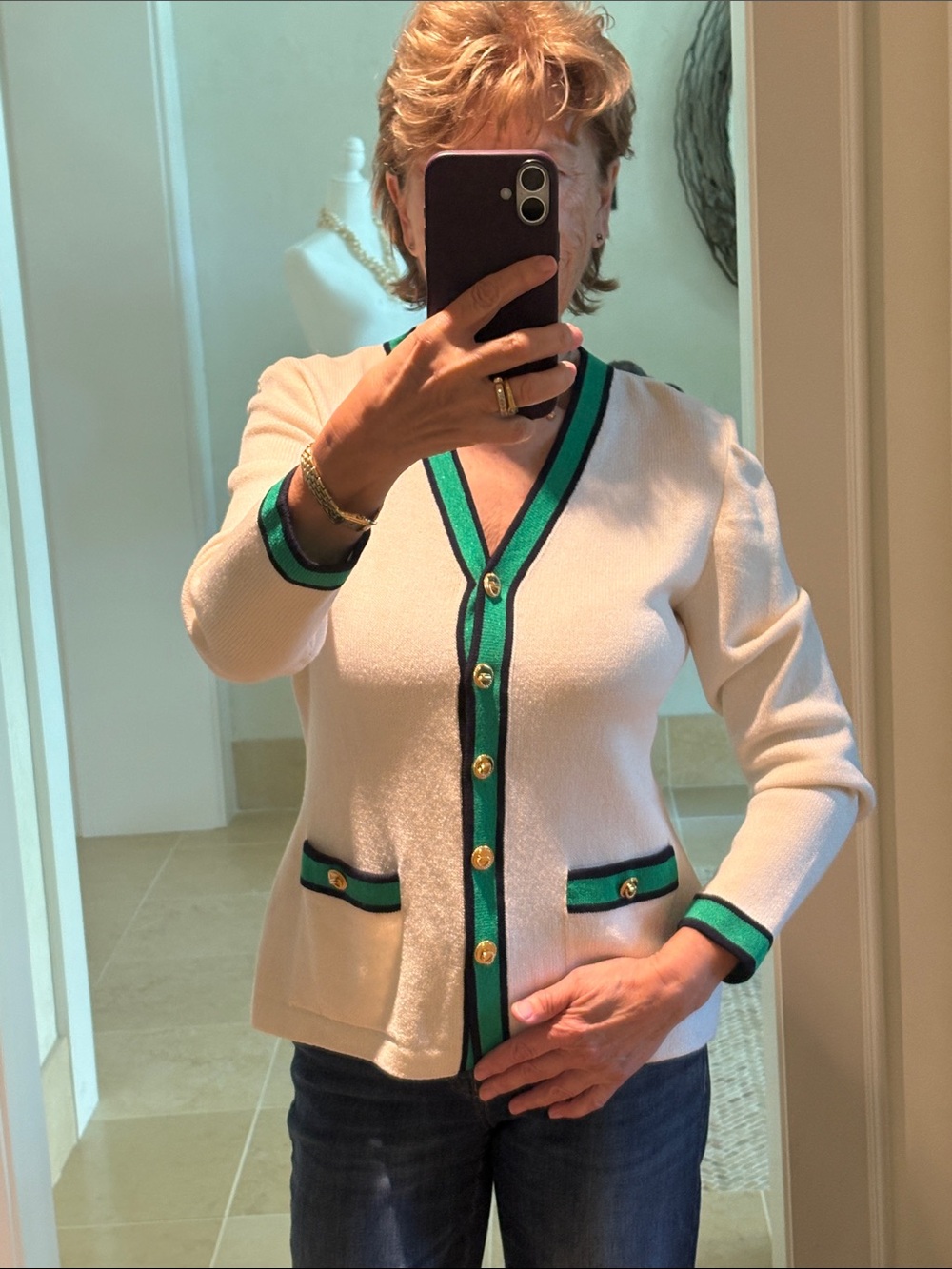 ST JOHN Cream Cardigan Sweater with Green & Black Trim - Picture 16 of 16
